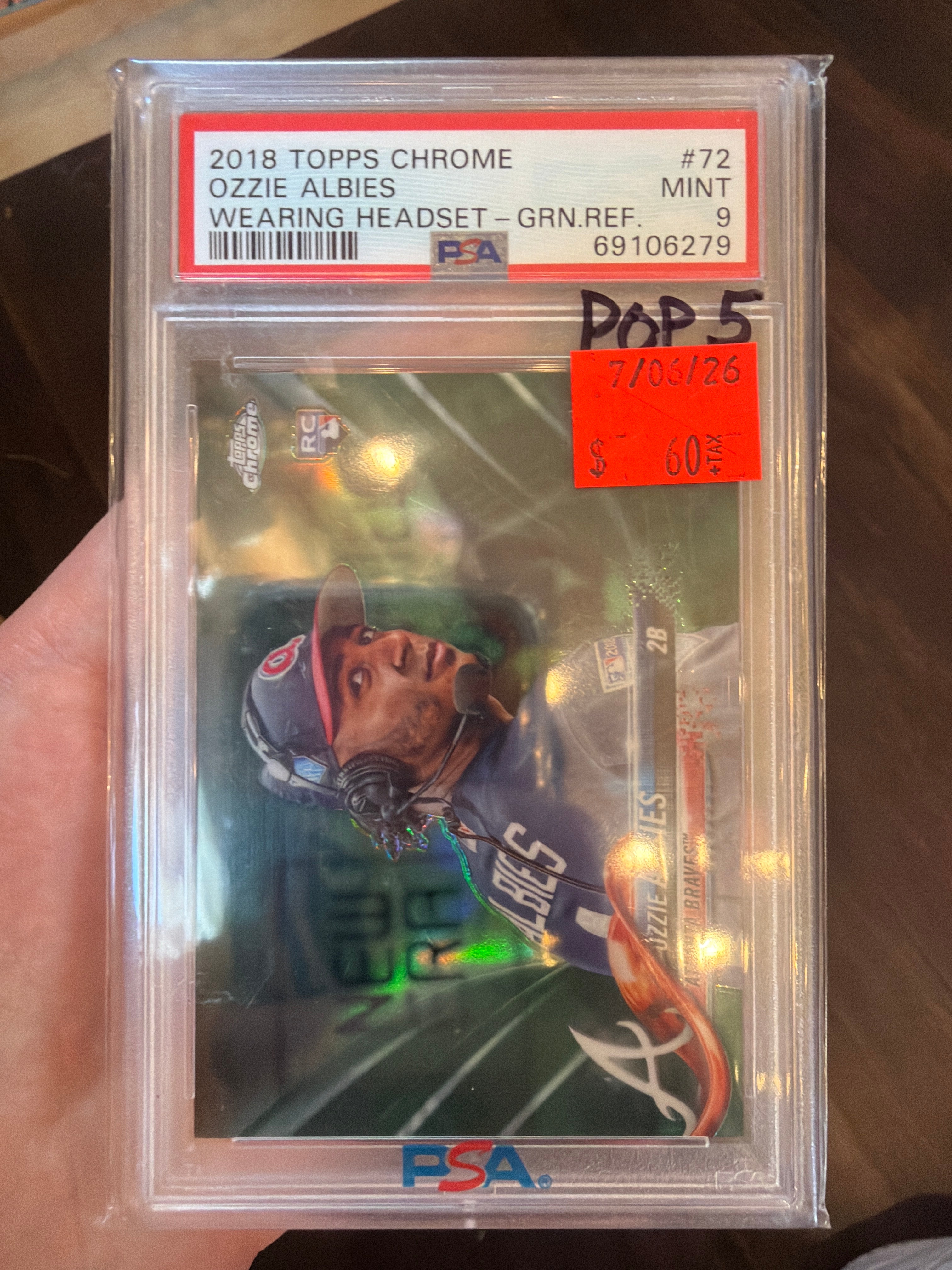 2018 Topps Chrome Ozzie Albies Wearing Headset - Green Ref PSA 9 (279)
