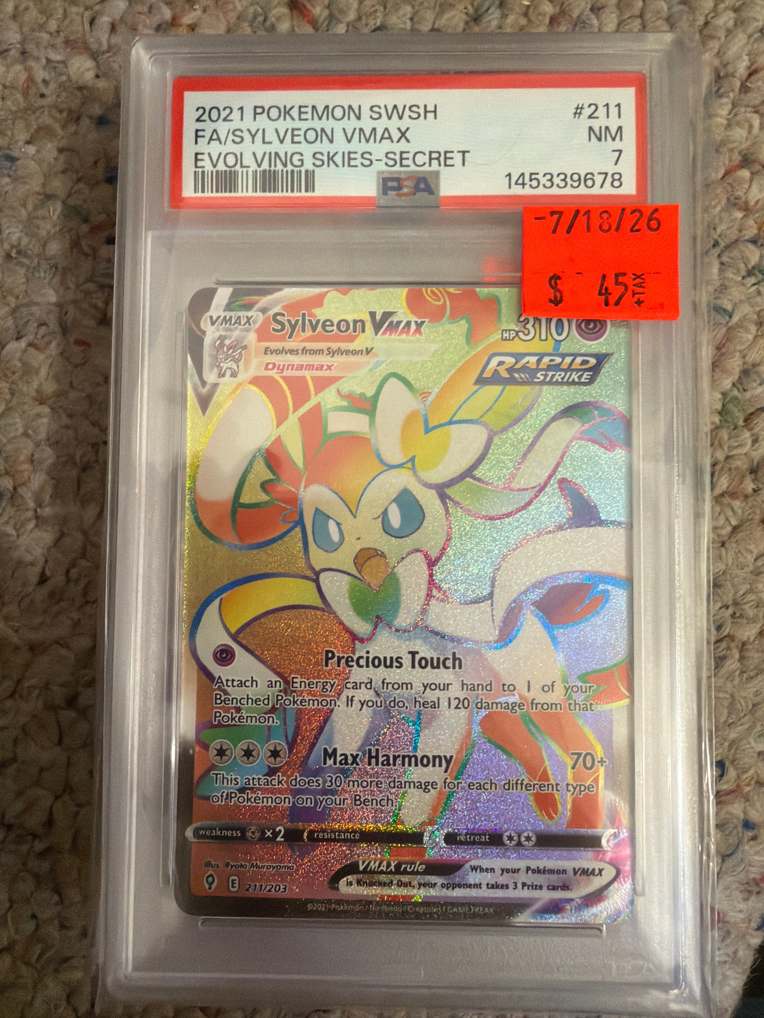 2021 Pokemon SWSH FA/Slyveon Vmax Evolving Skies Secret PSA 7 (678)